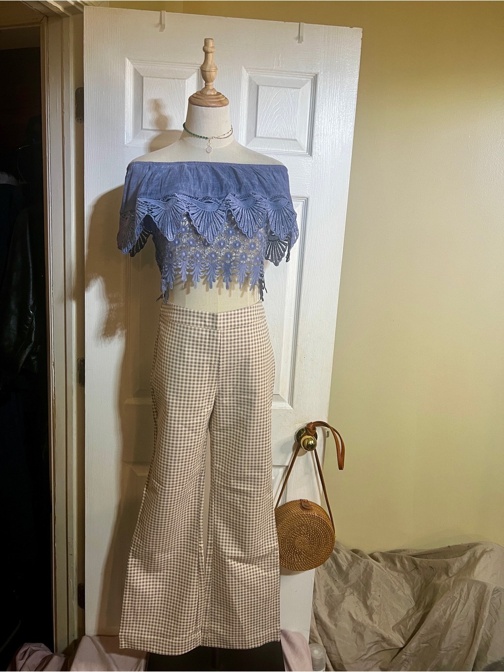 We Wore What Wms Cotton Checked High Rise Flare Leg Preppy Coastal Knit Pants 4